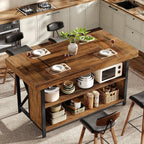Tribesigns Large Kitchen Island with Storage, 55-Inch Wooden Stationary Island Table with Metal Frame, 3-Tier Industrial Center Bar Table with Thickened Countertop for Kitchen, Dining Room, Brown