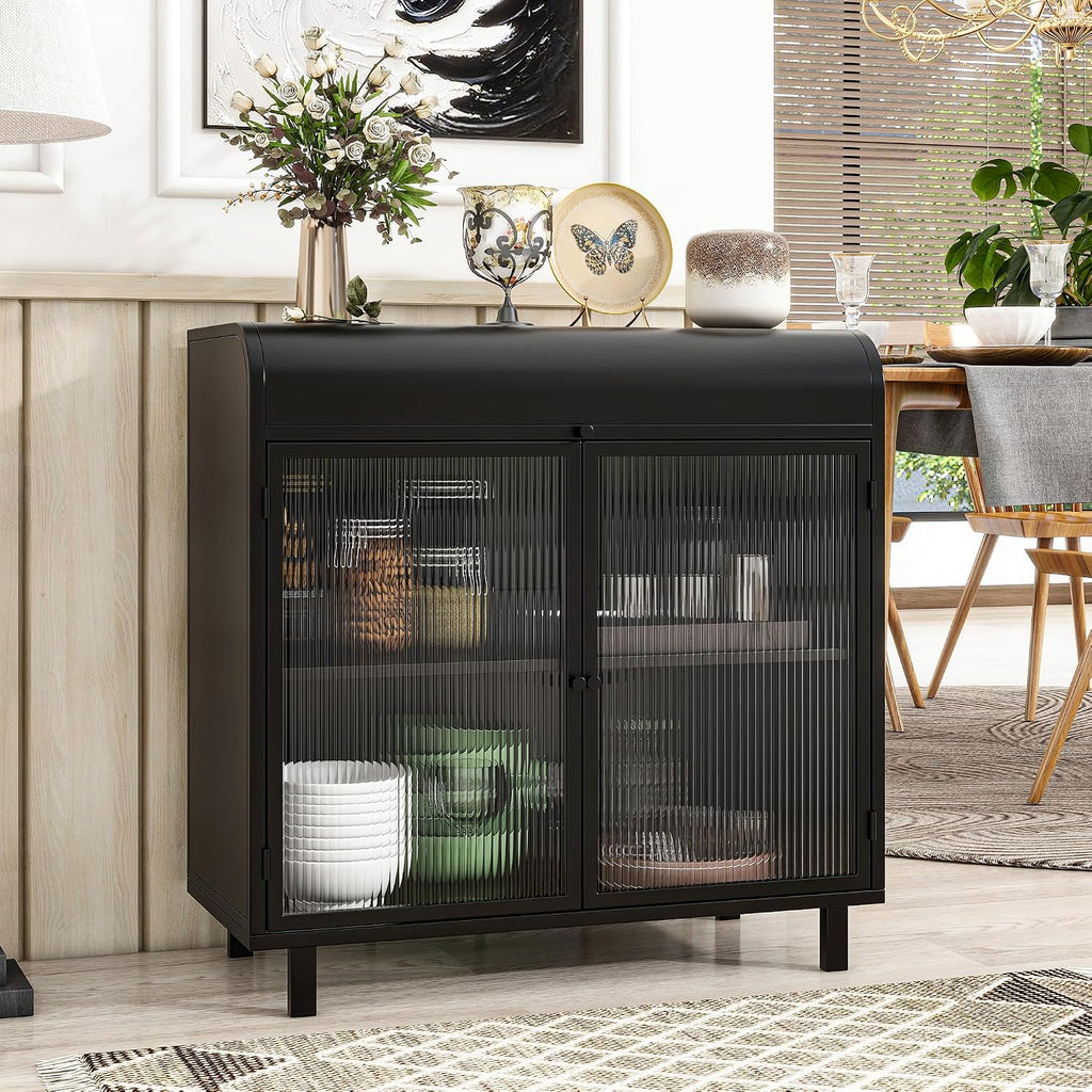 KEIKI 31" Kitchen Pantry, Modern Sideboard Buffet Cabinet with Figured Glass Doors & Flip Top & Open Shelves, Spacious Industrial Metal Organizer for Living Room & Kitchen