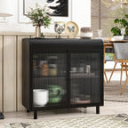 KEIKI 31" Kitchen Pantry, Modern Sideboard Buffet Cabinet with Figured Glass Doors & Flip Top & Open Shelves, Spacious Industrial Metal Organizer for Living Room & Kitchen