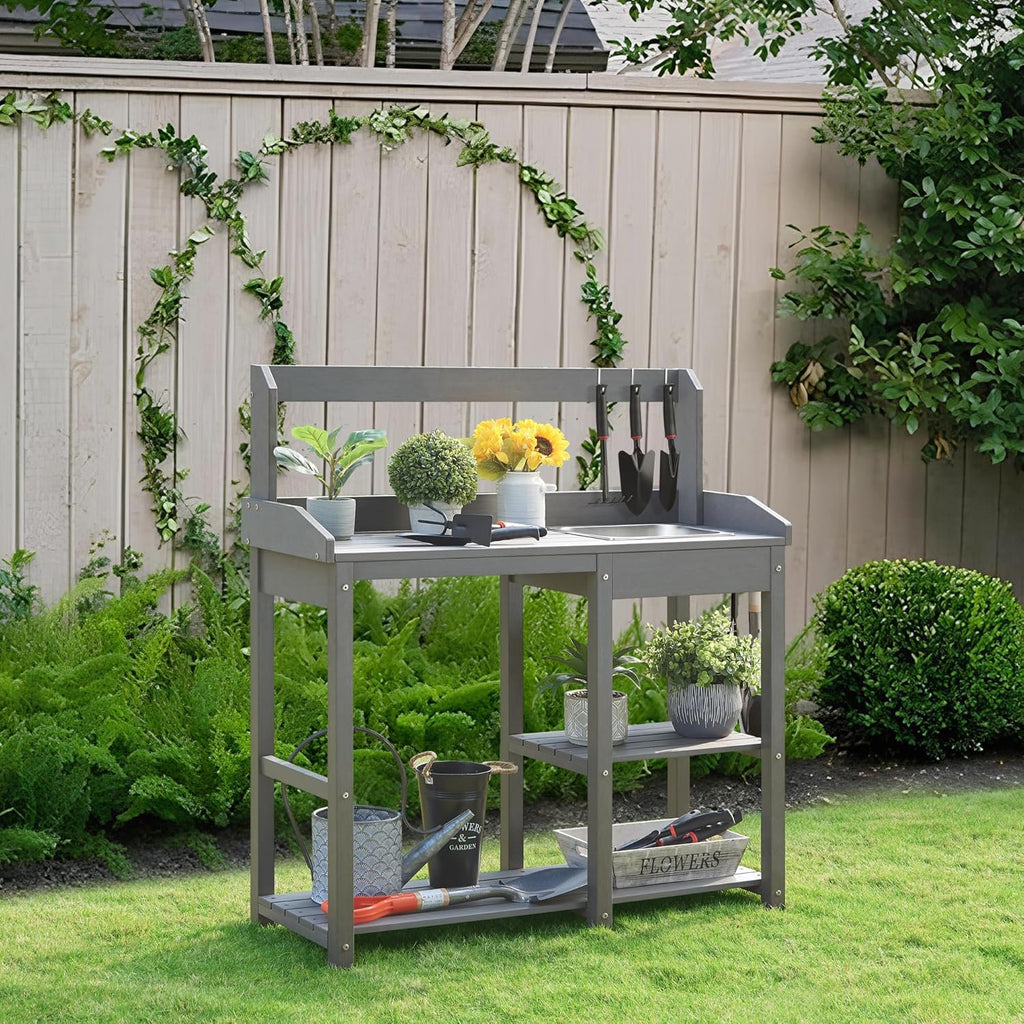 Psilvam Outdoor Potting Bench with Sink, Rot-Resistant HDPS Potting Table for Outside Garden, All-Weather Use (Gray)