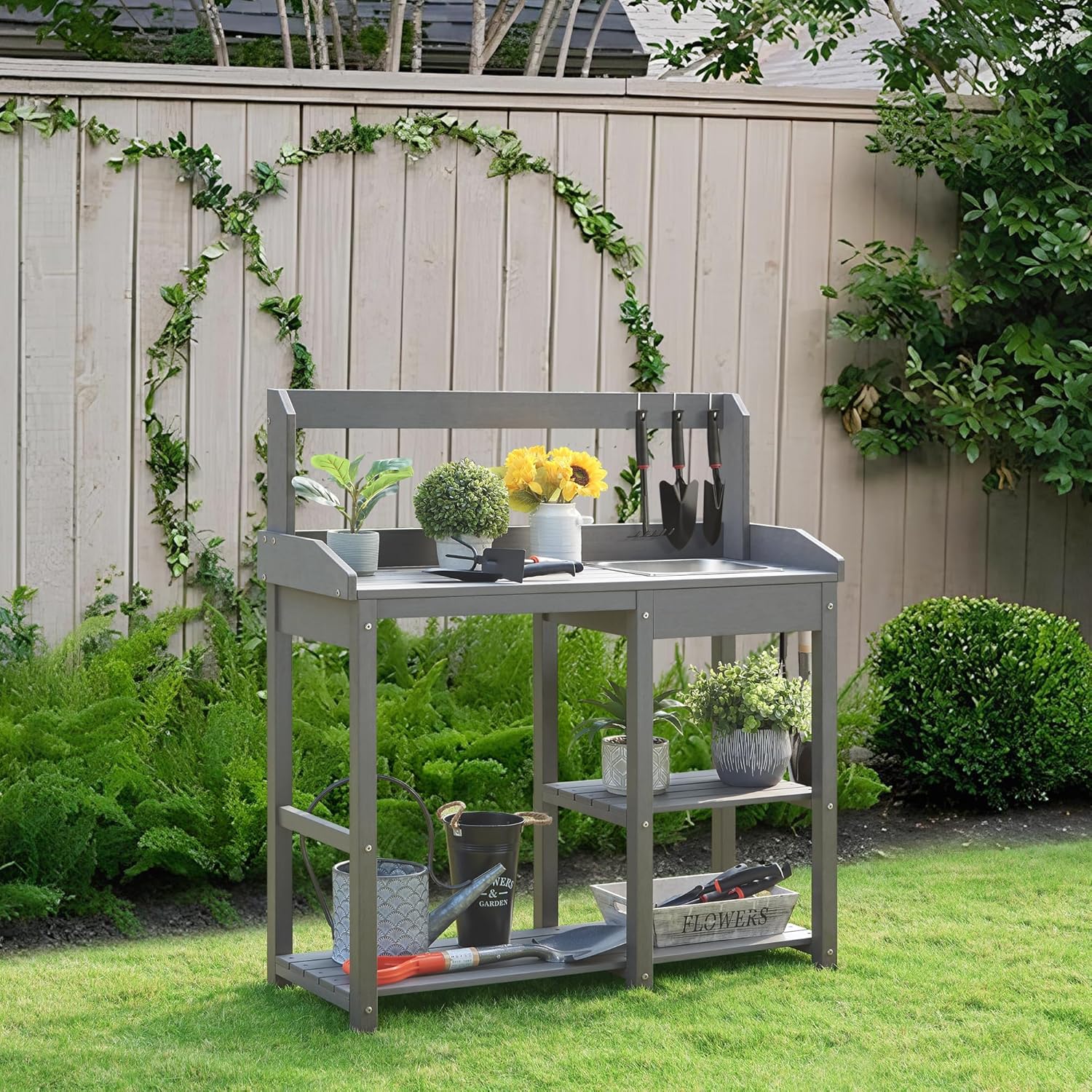 Psilvam Outdoor Potting Bench with Sink, Rot-Resistant HDPS Potting Table for Outside Garden, All-Weather Use (Gray)