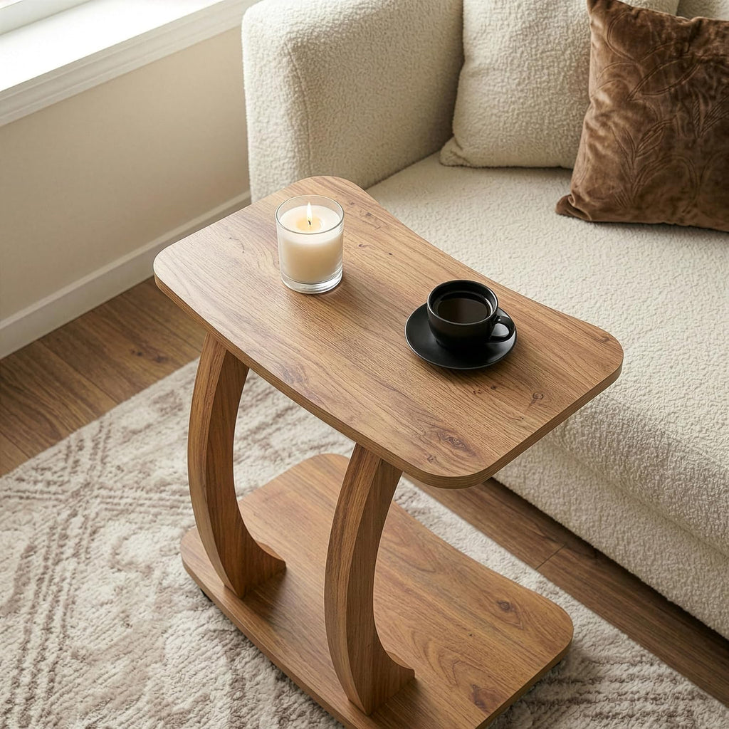 Modern C-Shaped Side Table, Curved Wood End Table for Couch, Sofa & Bed, Elegant TV Tray Table for Eating & Snacks, Space Saving Laptop Stand for Small Spaces, Unique Accent Furniture Piece