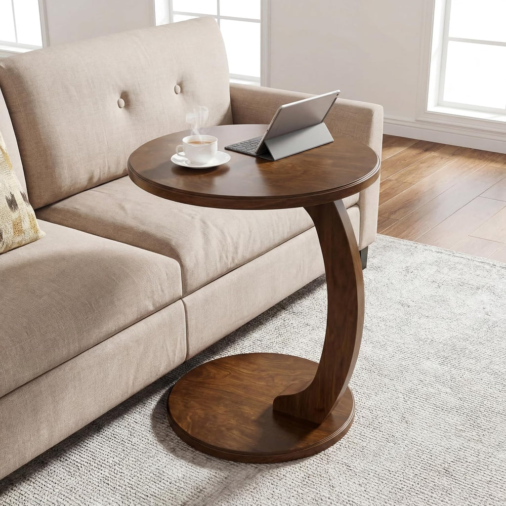 Tribesigns C Shaped End Table, Round Wood Side Table, Mid-Century Modern Style, Heavy Base, for Living Room, Bedroom, Small Space, Brown