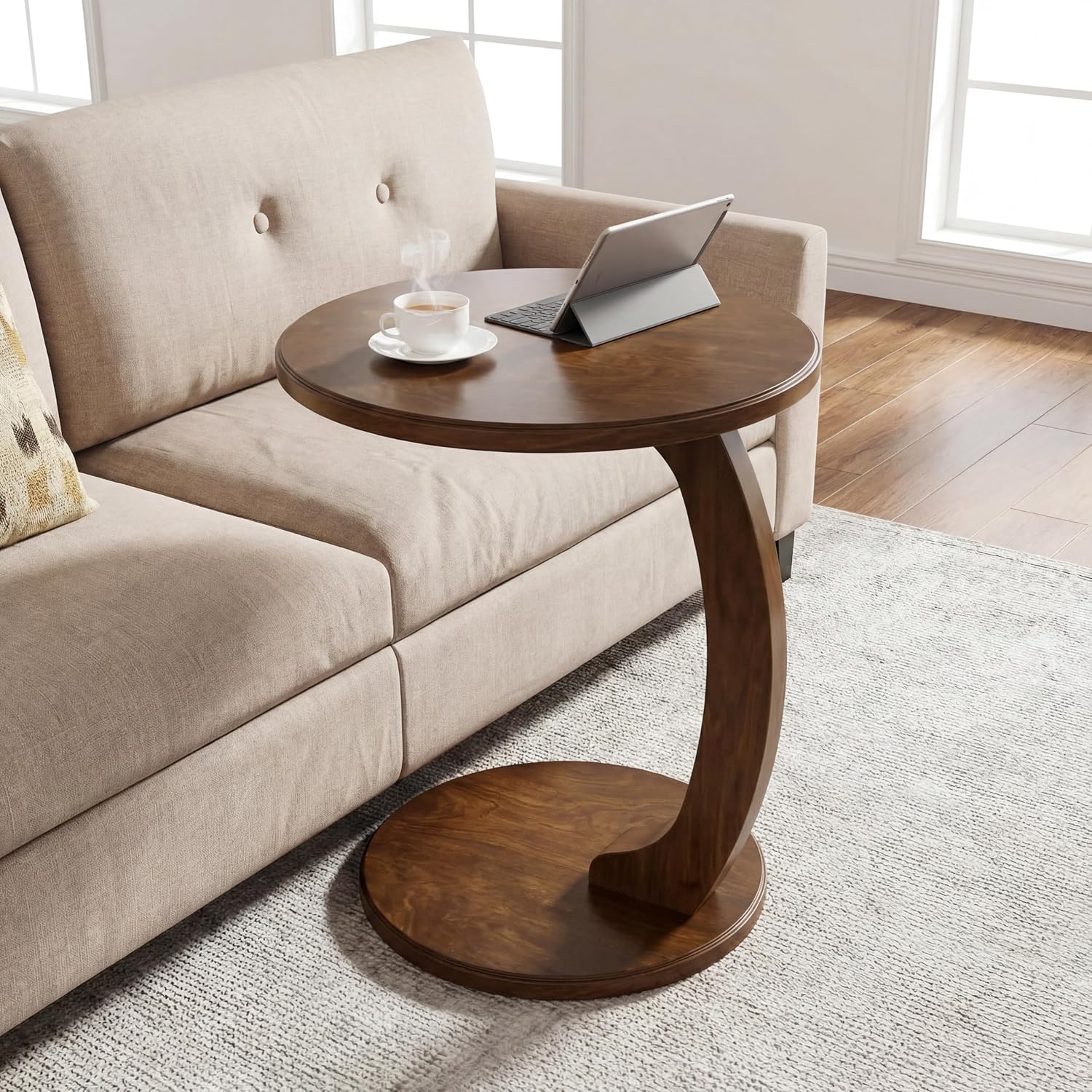 Tribesigns C Shaped End Table, Round Wood Side Table, Mid-Century Modern Style, Heavy Base, for Living Room, Bedroom, Small Space, Brown
