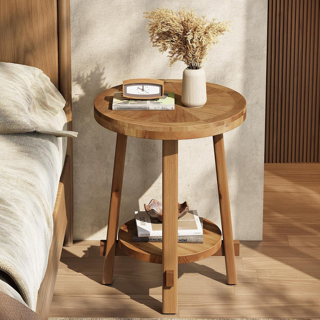 Solid Wood Side Table for Living Room, Small Round End Table with 2-Tier Storage, Farmhouse Wooden Circle Bedside Nightstand for Small Spaces, Bedroom, Brown