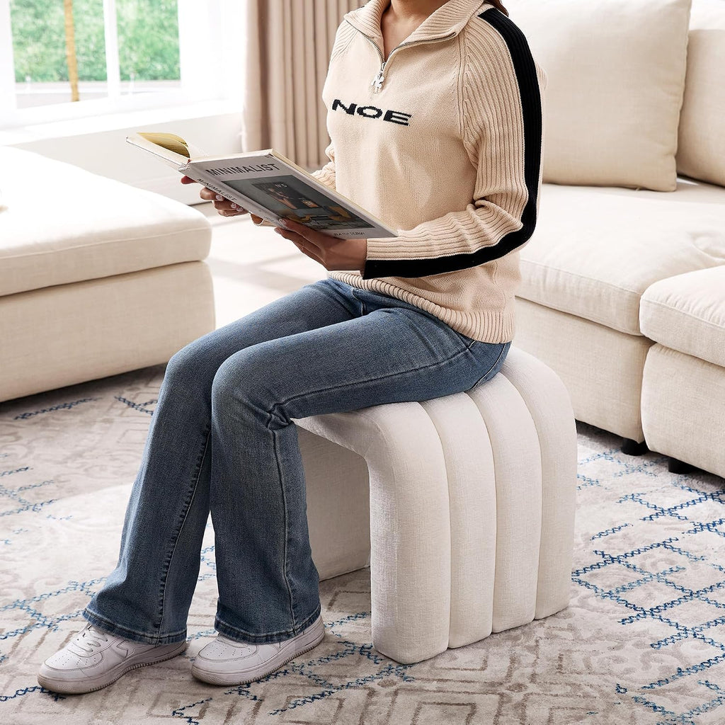 Multi-Functional Ottoman Stool, Footrest for Couch, Modern Vanity Stool for Make-up Room, Living Room and Entryway, Small Cute Footstool (White Chenille)