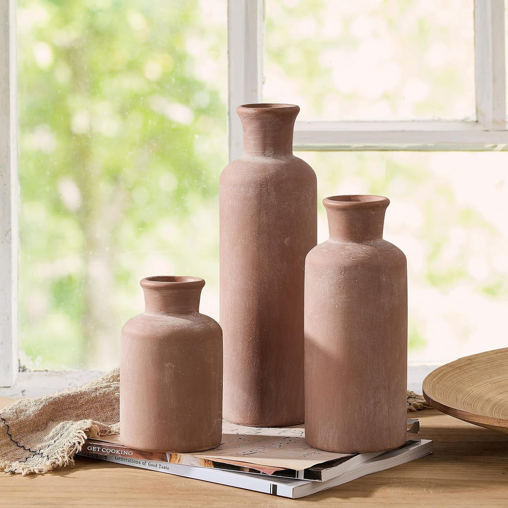 LUKA Ceramic Rustic Farmhouse Vase,Terracotta Vases for Decor,Vase Set of 3,Vases for Your Bedroom,Office,Living Room,Fireplace,Bookshelf Decor,Housewarming 10+7.5+5 Inch