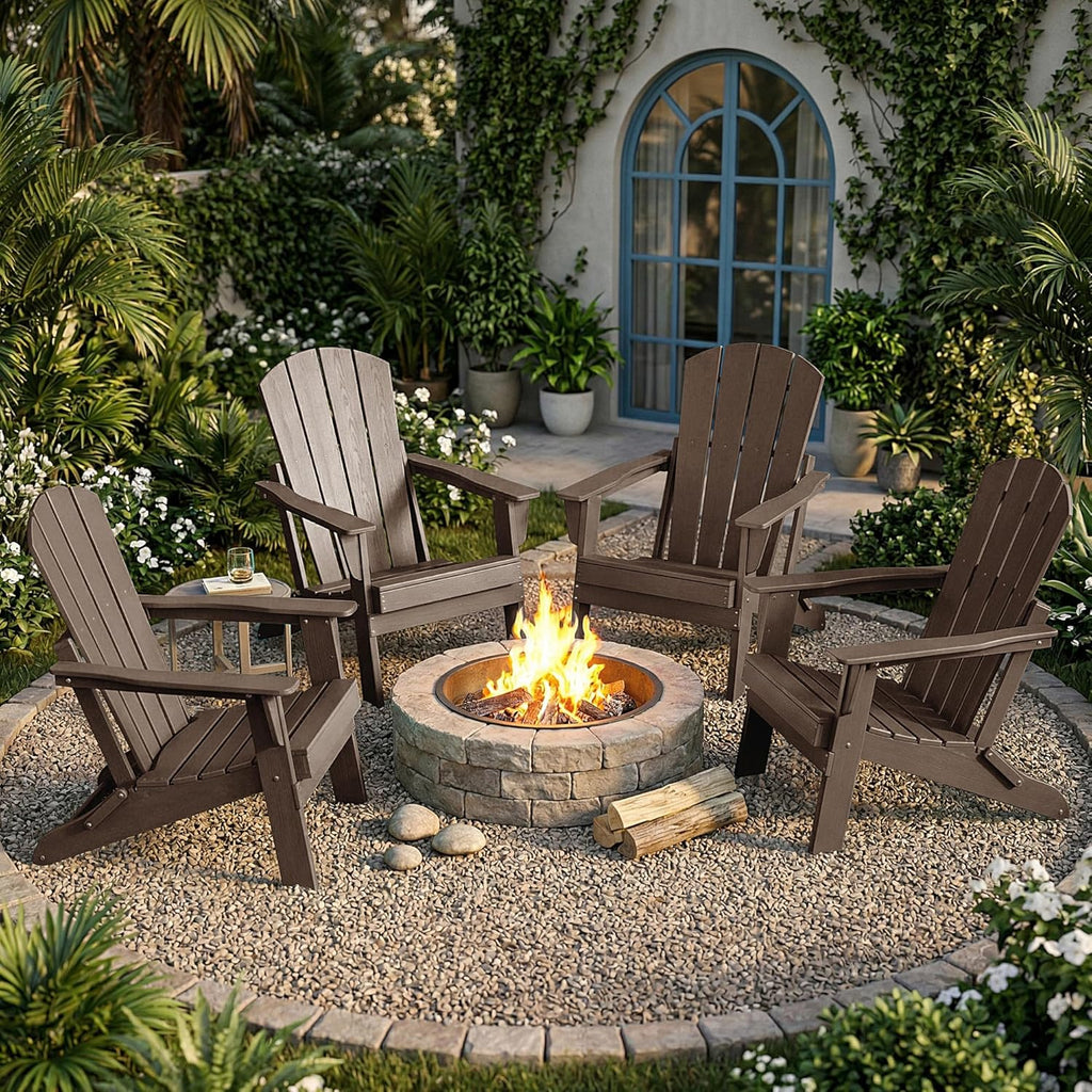 Folding Adirondack Chair Set of 4, Lightweight - Portable HDPE Patio Chair, All-Weather Space-Saving Foldable Fire Pit Seating for Camping, Backyard, Deck-Coffee