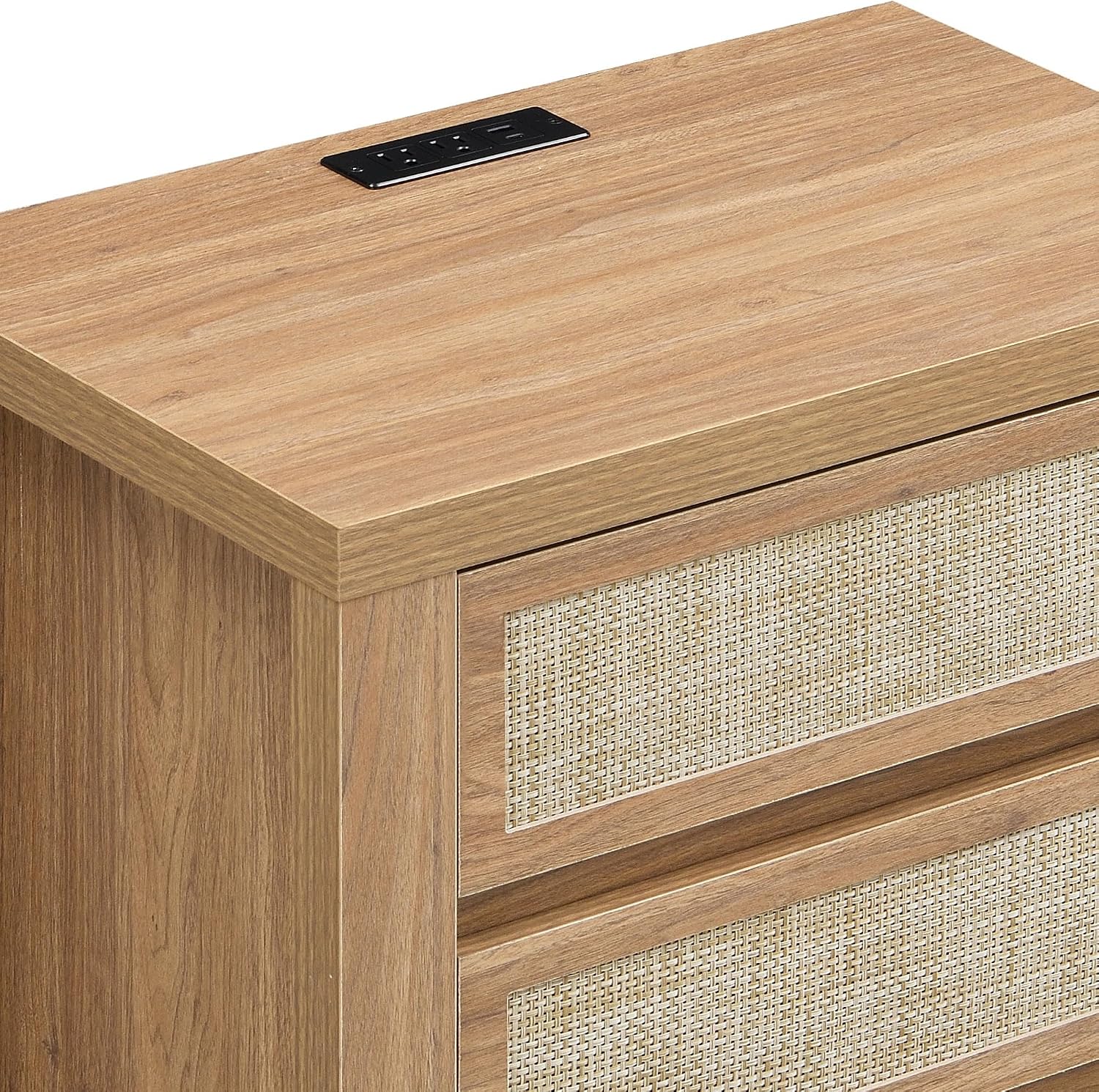 XIAO WEI 23.6“W 3 Drawer Set of 2 Rattan Nightstand with Charging Station, Boho Bedside Table, Tall End Table for Bedroom, Wood Accent Bed Side Table with Storage, Reclaimed Light Oak
