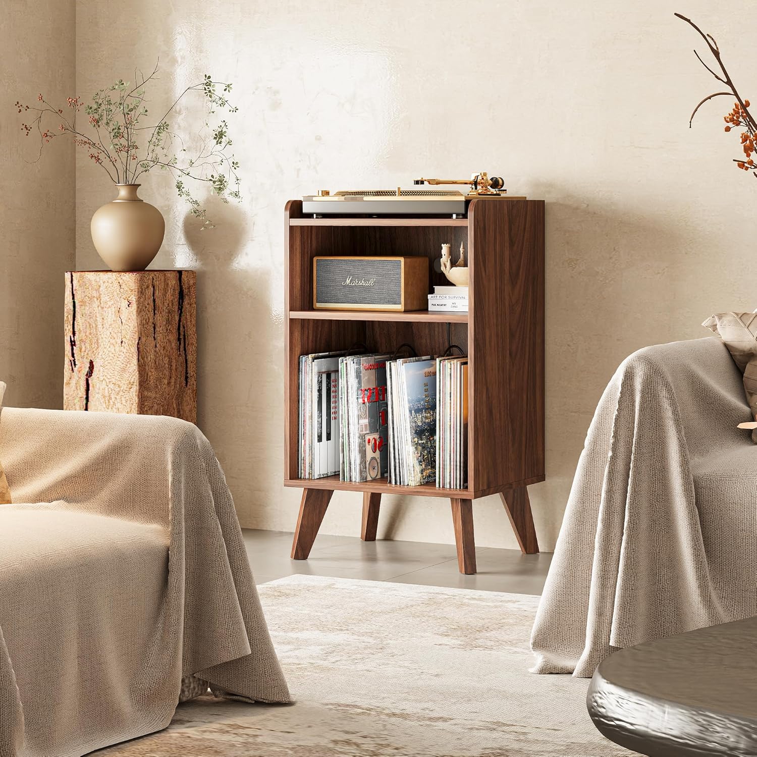 Record Player Stand, Turntable Stand with Record Storage and Charging Station & USB Ports, Record Player Table with Metal Divider, Record Stand Up to 160 Albums for Living Room, Bedroom Walnut