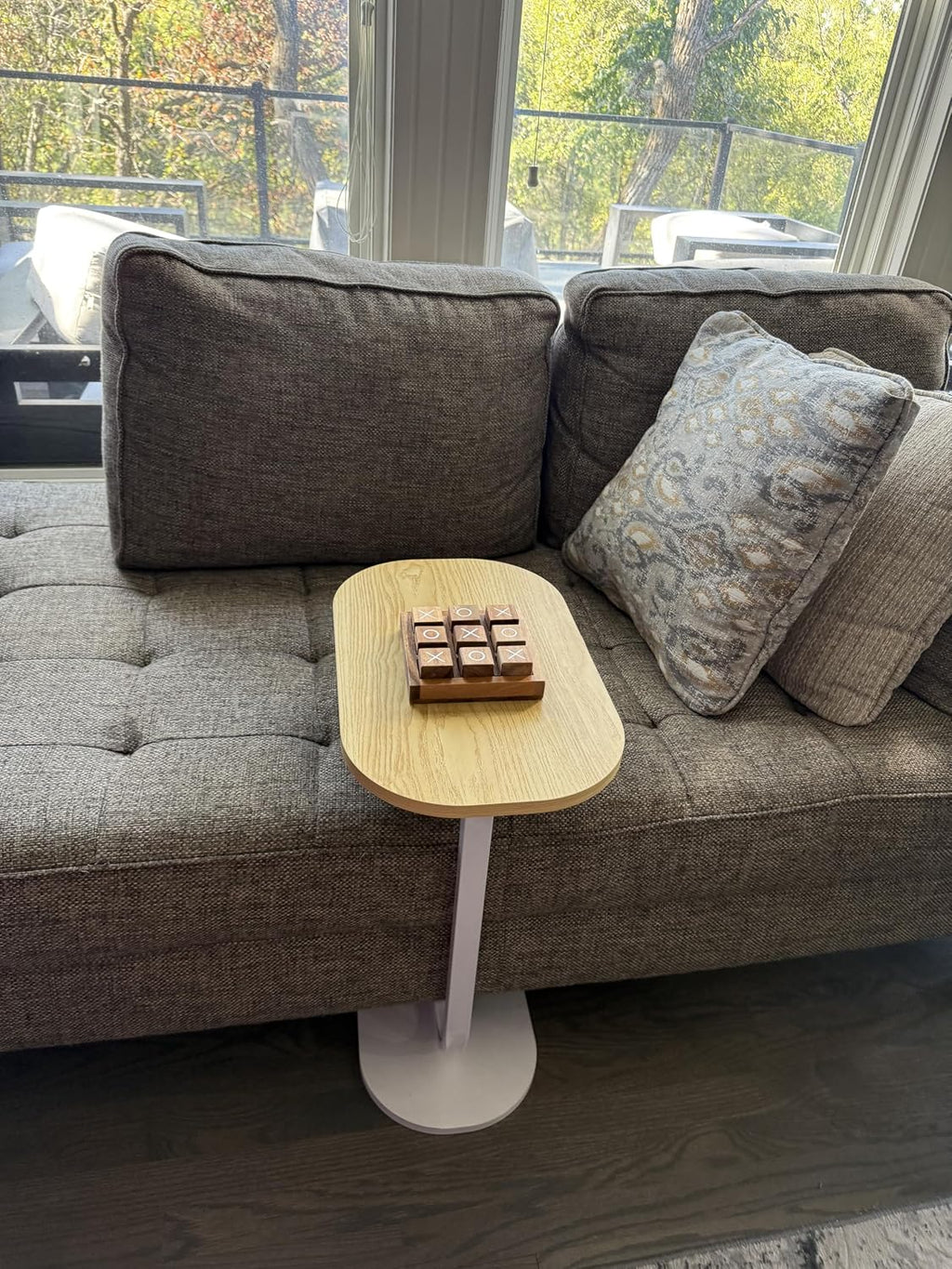 C Shape End Table with Oval Top, Wood Brown Beige Grain and White Metal Base, Sofa Side Table for Coffee and Laptop