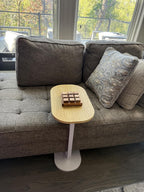 C Shape End Table with Oval Top, Wood Brown Beige Grain and White Metal Base, Sofa Side Table for Coffee and Laptop