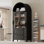 71" Tall Arched Kitchen Pantry with Glass Doors and 2 Large Drawers, Farmhouse Kitchen Storage Cabinet with Adjustable Shelves, Wood Versatile Cupboard for Dining Room (Black-3.12)