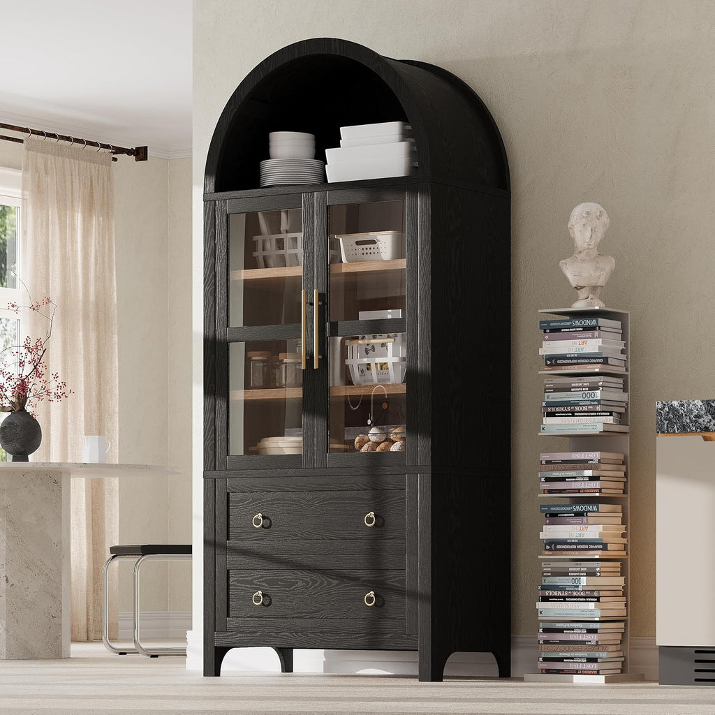 71" Tall Arched Kitchen Pantry Cabinet with 2 Large Drawers, Modern Farmhouse Kitchen Storage Cabinets with Adjustable Shelves, Glass Door, Wood Versatile Cupboard for Kitchens, Dining Room (Black)