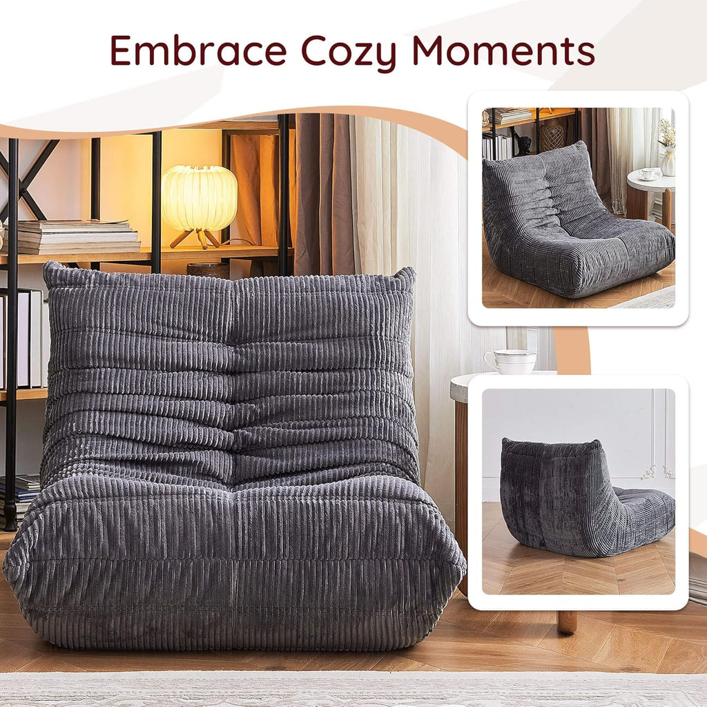 Giant Bean Bag Chair, Memory Foam Filled Oversized Corduroy Floor Sofa for Adults, High-Rebound Boneless Lazy Chair for Living Room, Bedroom, Reading & Gaming, Grey
