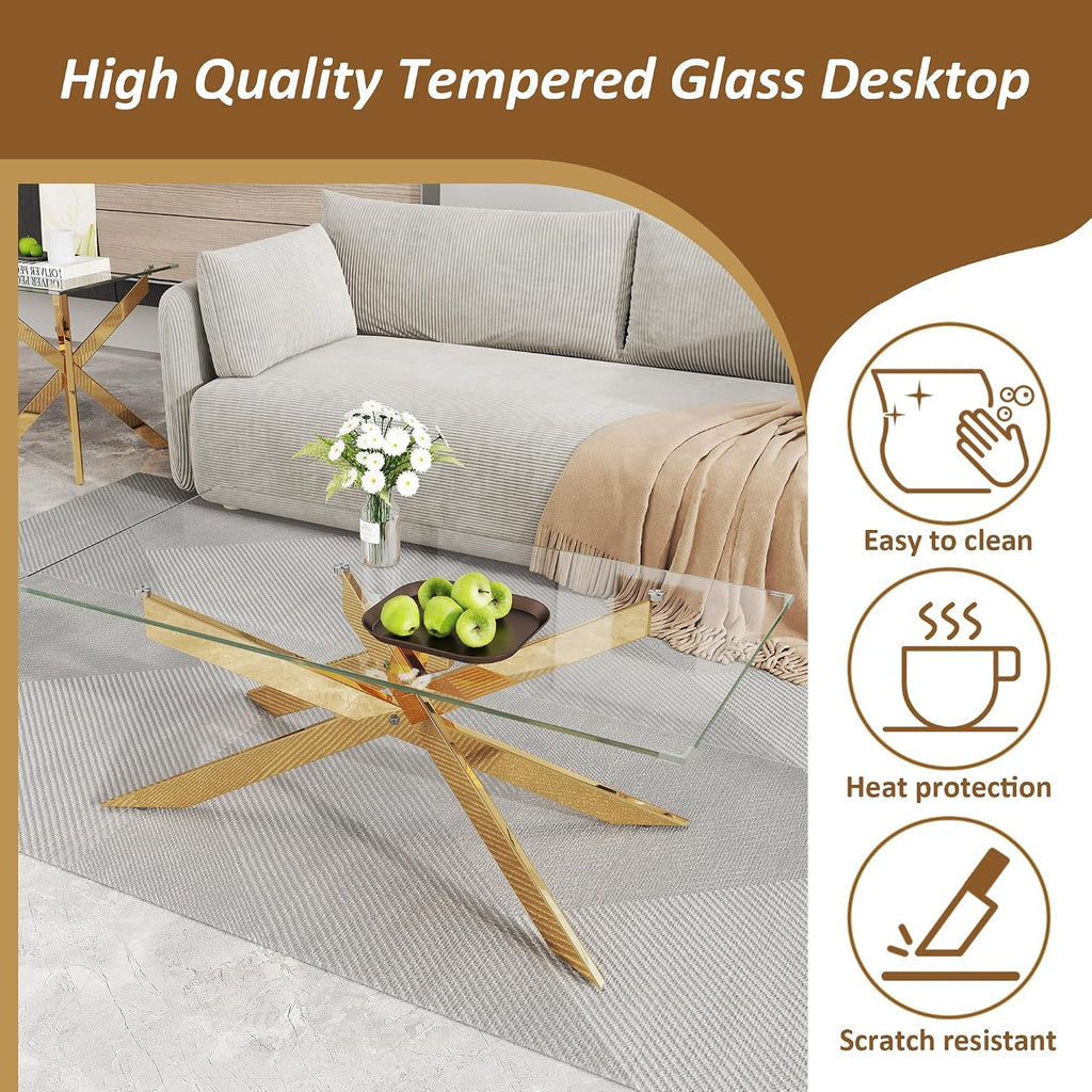 Square Glass End Table 23 Inch with Tempered Glass Top and Metal Tubular Legs for Living Room Home Office, Gold