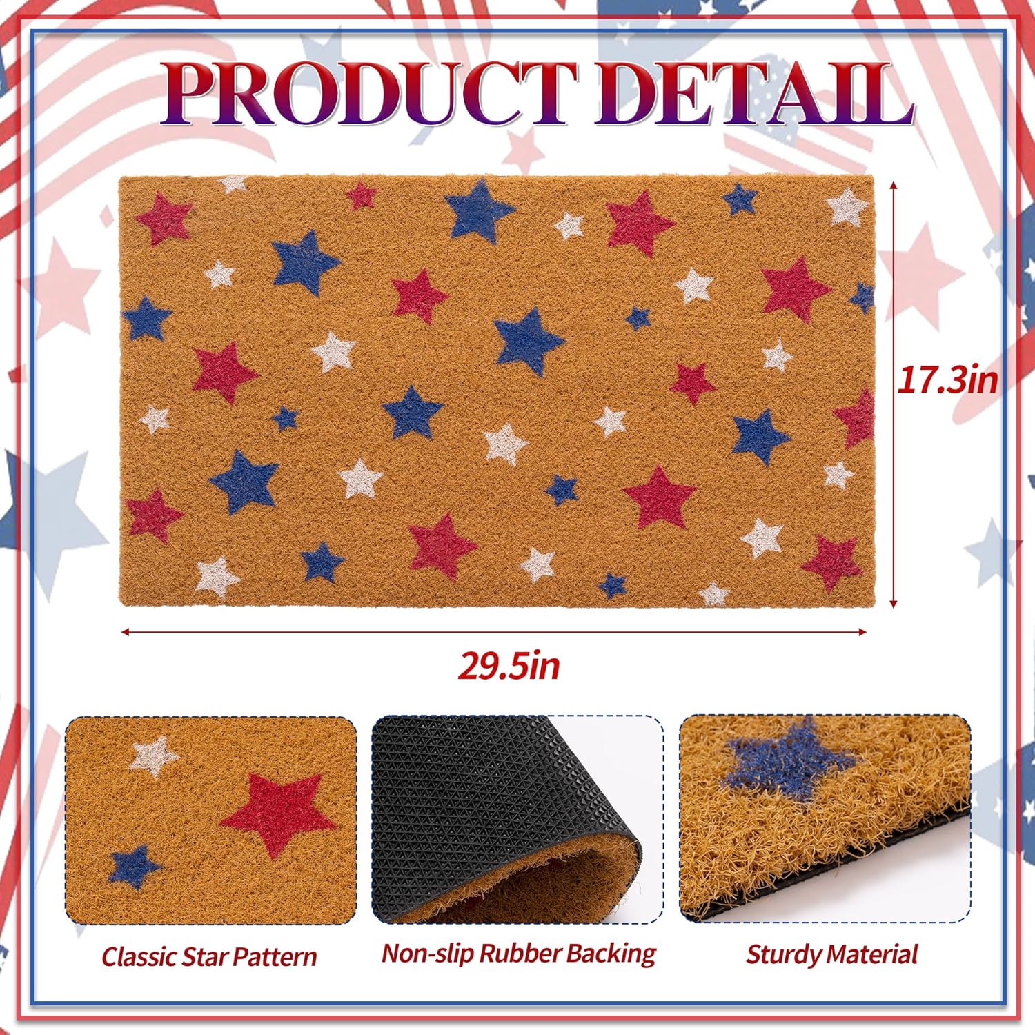 Patriotic Door Mat 4th of July Star Doormat Independence Day Welcome Doormats National Day Front Door Rugs for Entrance Porch Outdoors Decor 17" x 29"