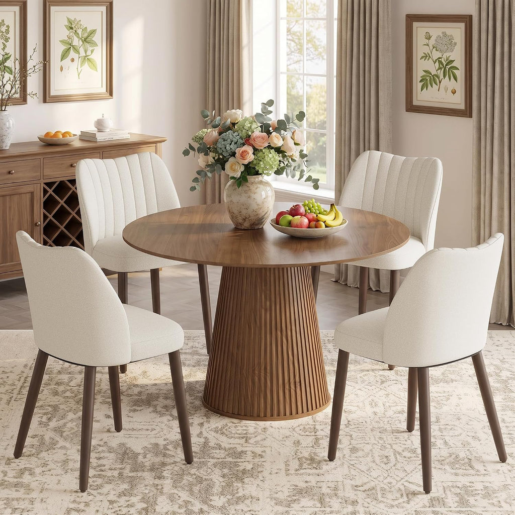 Upholstered Dining Chairs Set of 4, Modern Fabric Dining Chairs with Curved Backrest & Solid Rubber Wood Legs, Padded Kitchen Dining Room Chairs for Restaurant Cafe, Beige