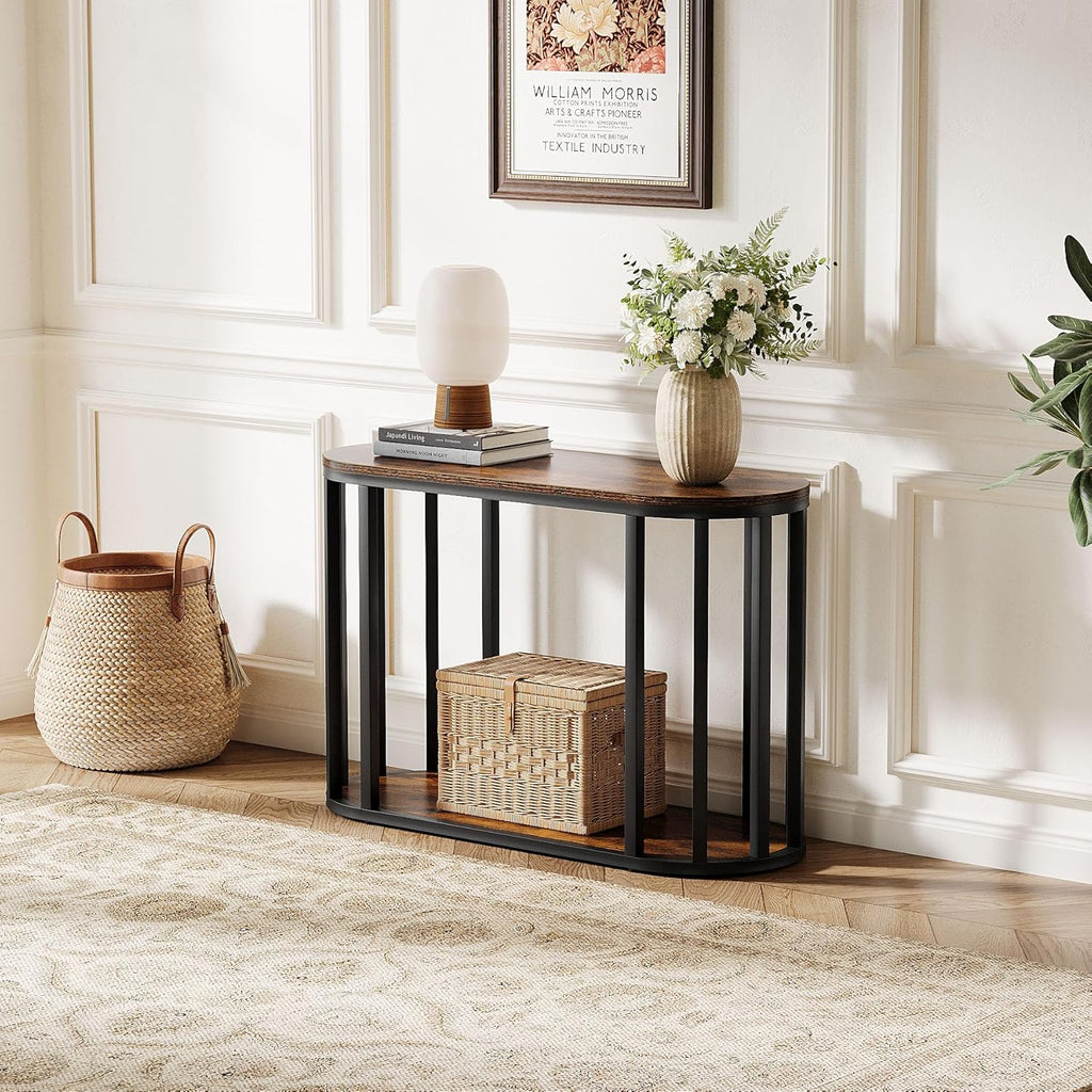 Tribesigns Narrow End Table with Storage, 2-Tier Industrial Side Table with Black Metal Frames, Small Nightstand Bedside Table for Living Room, Bedroom, Rustic Brown, 31.5"D x 11.81"W x 23.62"H (1)