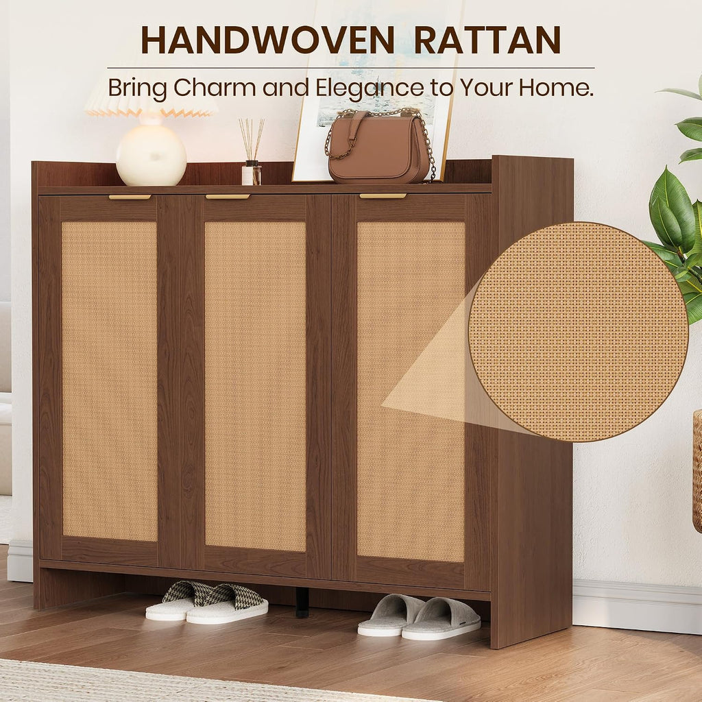 Shoe Cabinet, 41" Tall Rattan Shoe Storage Organizer Cabinet, Adjustable Shelves, 6-Tier Farmhouse Boho Wooden Storage Cabinet for Entryway Hallway Closet Bedroom,Walnut