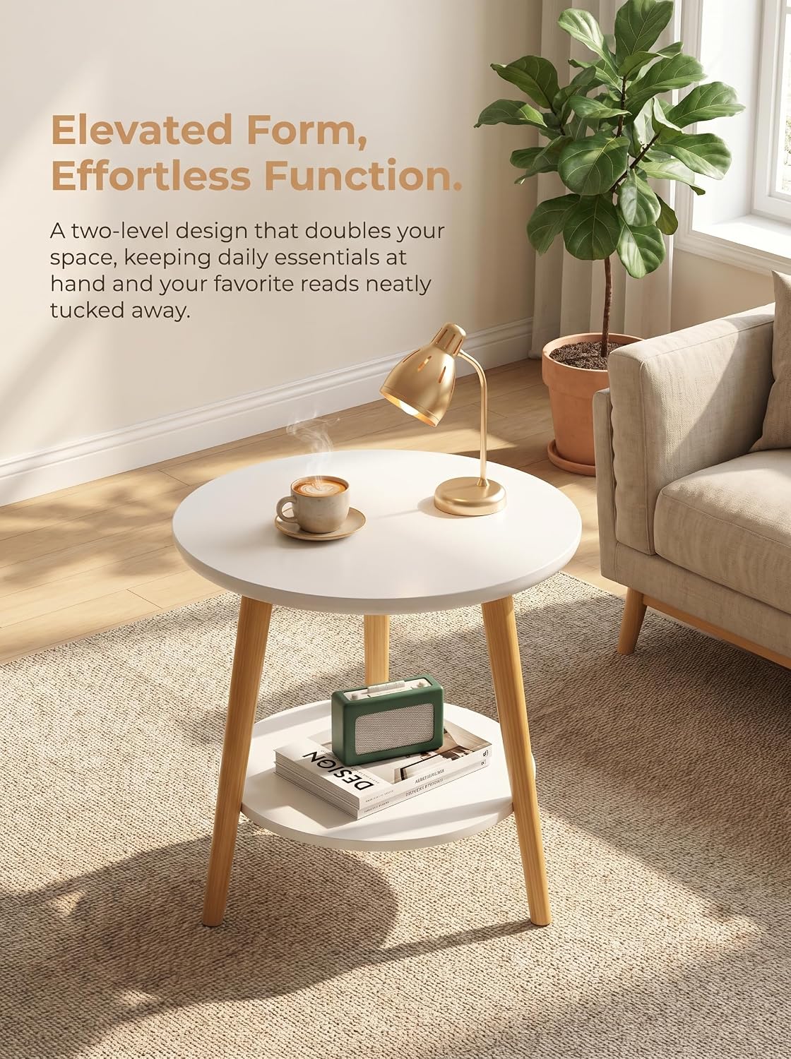 Round Side Table 2-Tier Wood Coffee Table Night Stand with Stable Triangle Legs for Living Room, Bedroom, Couch, Bedside