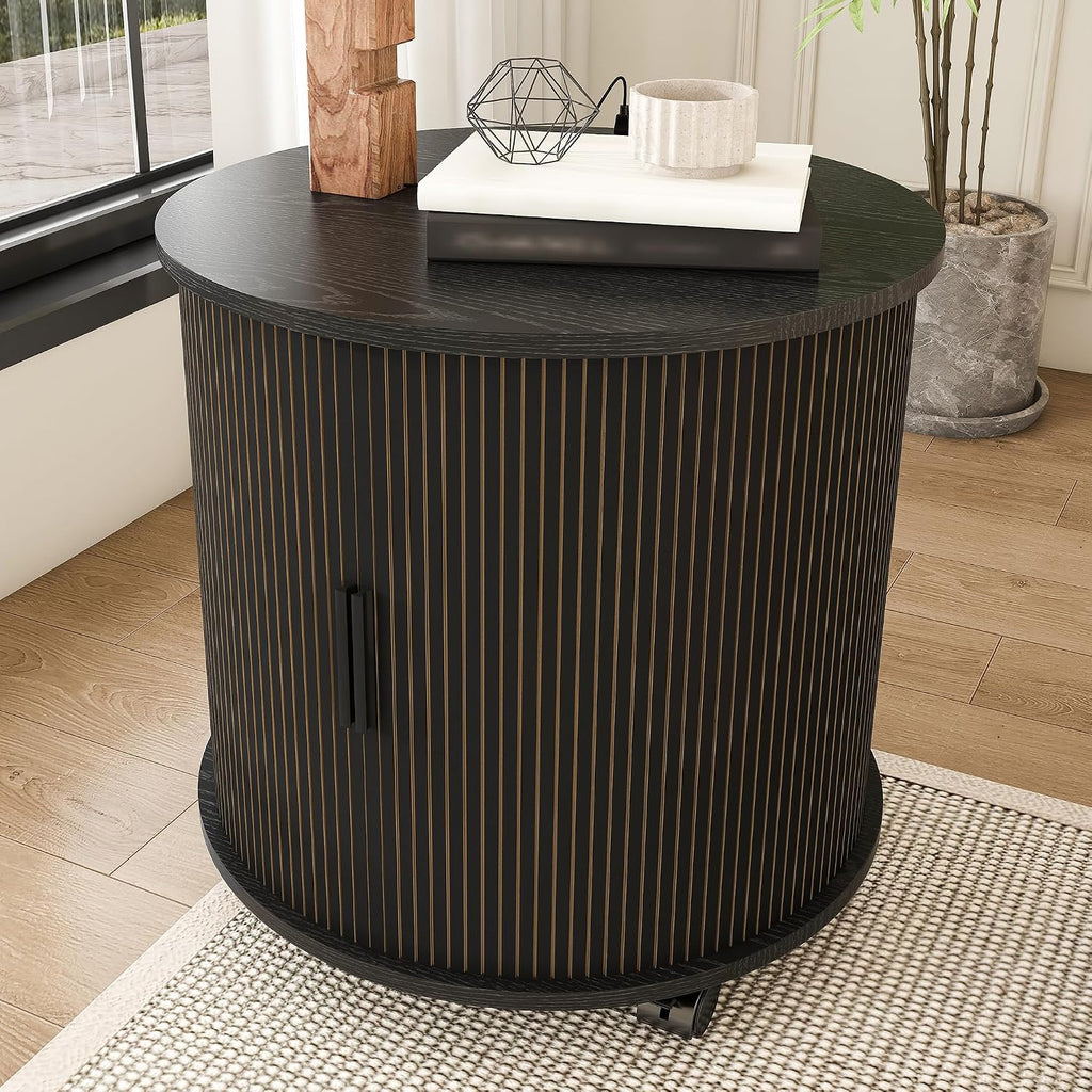 Mid Century Modern Side Tables Living Room with Charging Station, Small Side Table with Sliding Door, 24" Large Round End Tables Living Room with 2-Tier Storage, Black Nightstand for Bedroom, Entryway