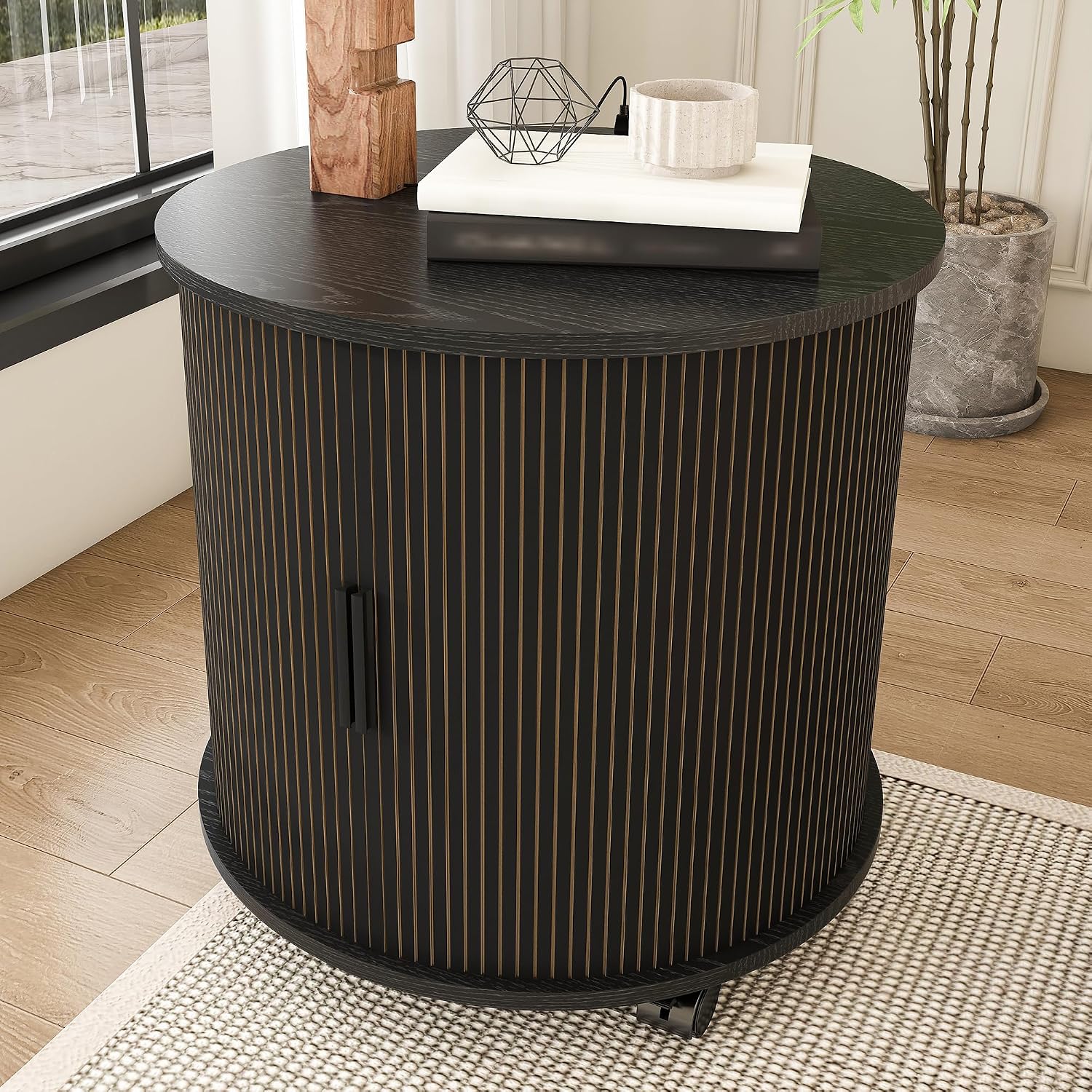 Mid Century Modern Side Tables Living Room with Charging Station, Small Side Table with Sliding Door, 24" Large Round End Tables Living Room with 2-Tier Storage, Black Nightstand for Bedroom, Entryway