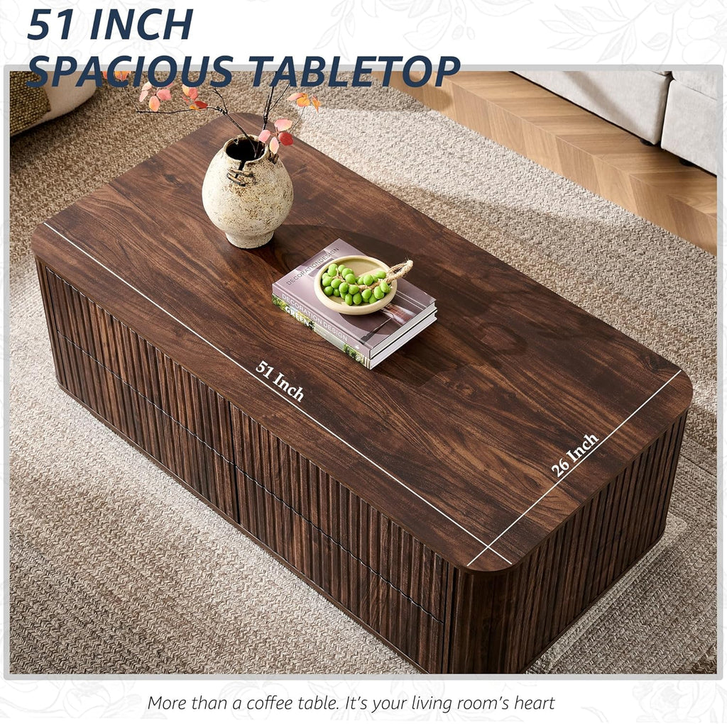 51" Fluted Coffee Table with 4 Drawers, Mid Century Modern Large Coffee Table with Storage, Rectangle Wood Center Table for Living Room, Dark Walnut