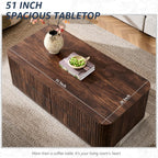 51" Fluted Coffee Table with 4 Drawers, Mid Century Modern Large Coffee Table with Storage, Rectangle Wood Center Table for Living Room, Dark Walnut