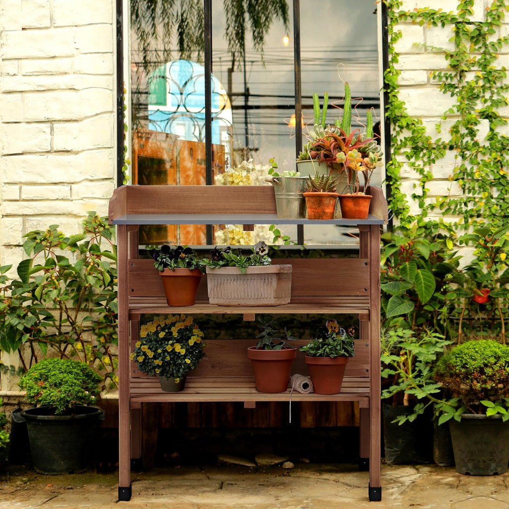 Topeakmart Potting Bench Table w/Metal Tabletop for Garden, Fir Wood Workstation w/3 Tier Shelves, Outdoor Work Bench w/Hook Brown