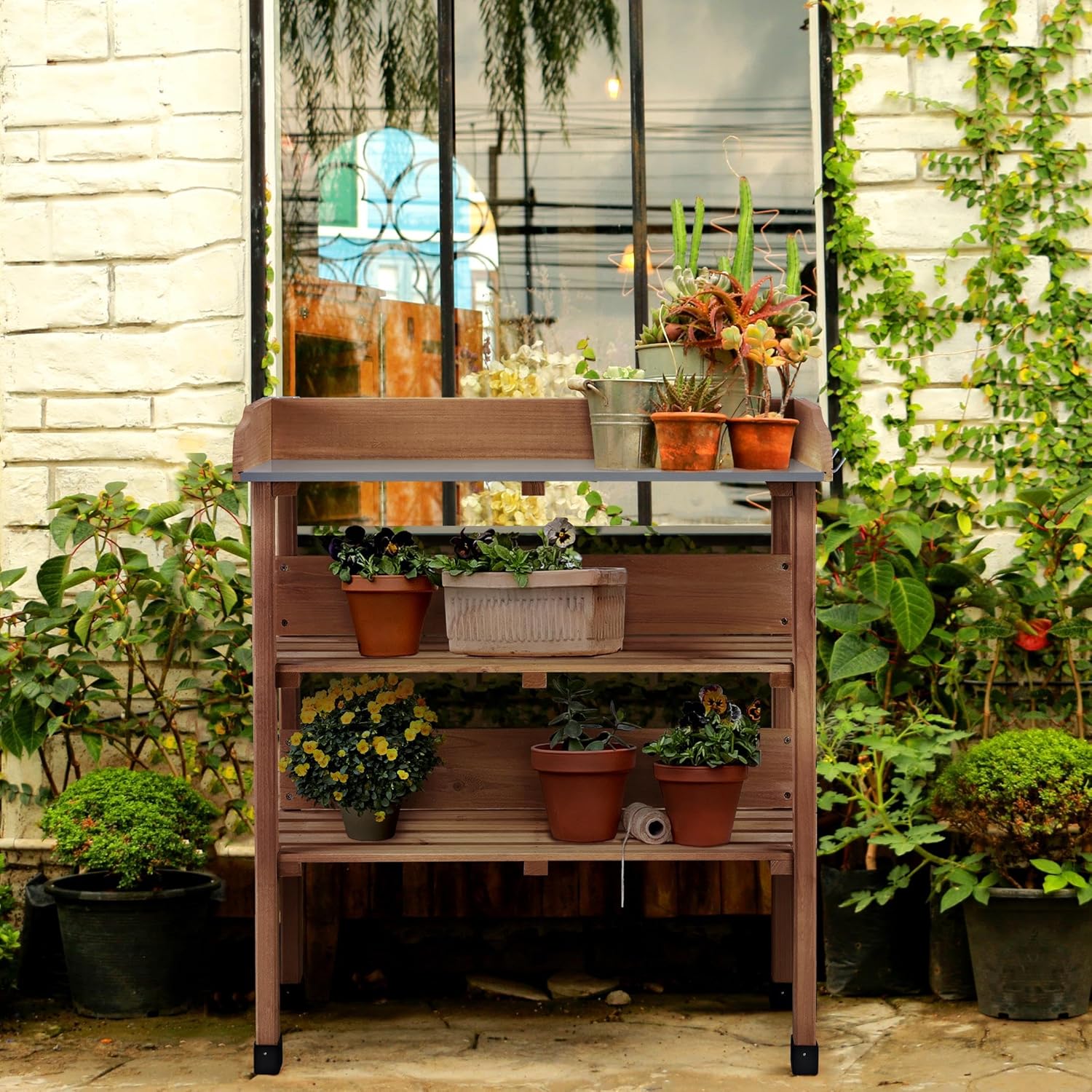Topeakmart Potting Bench Table w/Metal Tabletop for Garden, Fir Wood Workstation w/3 Tier Shelves, Outdoor Work Bench w/Hook Brown