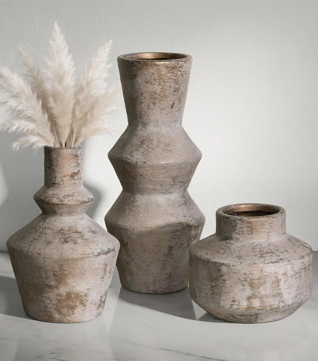 DREAMLOOM Ceramic Vase Set of 3, Modern Rustic Flower Vases for Pampas Grass, Dried & Fresh Flowers, Farmhouse Home Decor Vase for Living Room Bedroom Kitchen Shelf Centerpiece, Classic
