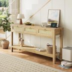SUPERJARE Rattan Console Sofa Table with Outlets and USB-C Port, 3 Drawer Entryway Table with Synthetic Rattan Surface, 53.9 Inch, Open Shelf, Behind Couch Entry Foyer Hallway Storage, Natural