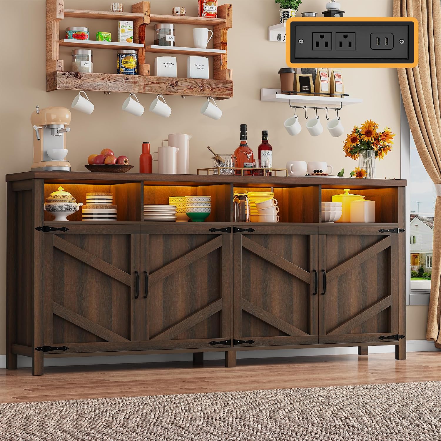 knoworld Buffet Sideboard with Storage Farmhouse with 4 Doors, 55'' Large Kitchen Storage Cabinet Wood Coffee Bar Buffet Table for Kitchen, Dining Room (Brown with Power Outlets & LED Light, 63in)