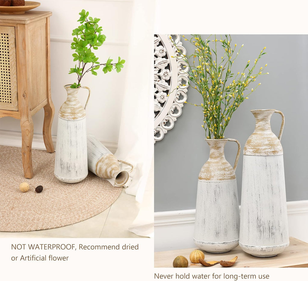 LuxenHöme Tall Floor Vase,Set of 2,Distressed Off White and Brown Rustic Metal Vases,Farmhouse Home Decor Accessories for Living Room,Fireplace and Entryway Decorative