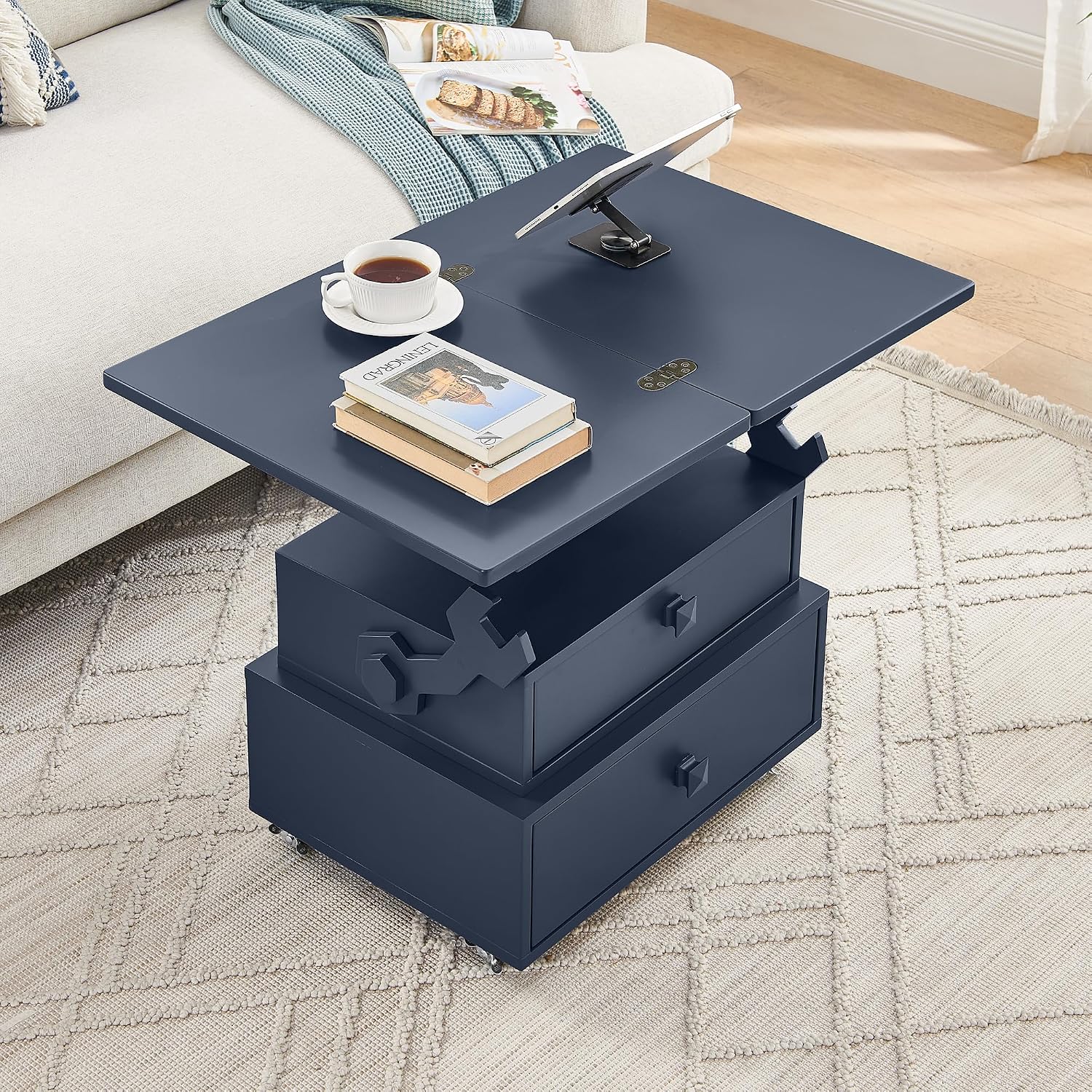 Virubi Adjustable Height Flip-Top Side Table with 2 Drawers & Charging Station, Lockable Wheels for Home Office, Living Room, Bedroom, Small Space, Multi-Functional Design, Blue