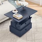 High Gloss Rolling Lift Top End Table with Charging Station, Height Adjustable Mobile Side Table with Storage Drawer and Lockable Wheels, Space-Saving Nightstand for Living Room Bedroom, Blue