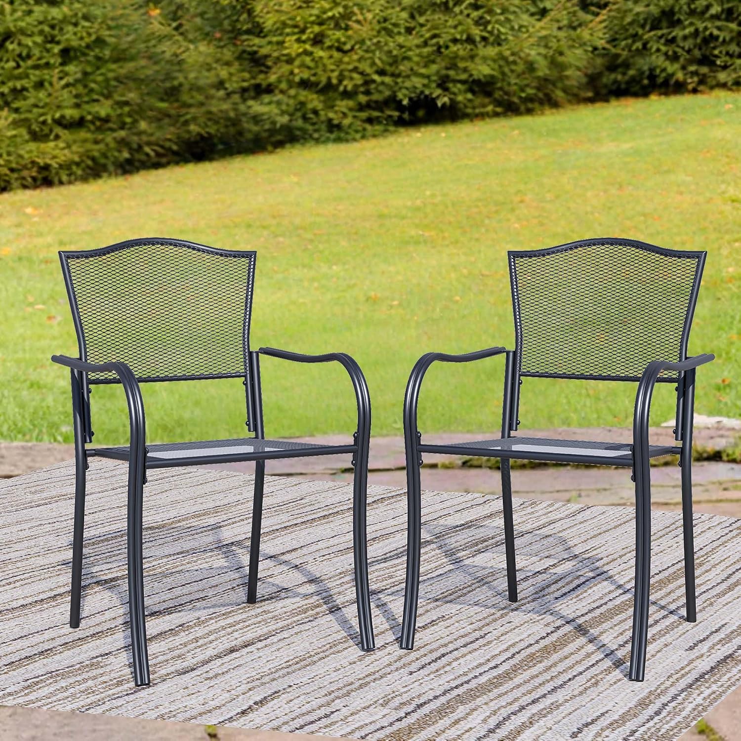 Outdoor Metal Patio Chairs Set of 2, Stackable Iron Mesh Dining Chairs with Armrests, All-Weather Bistro Chairs for Garden, Backyard, Porch, or Balcony
