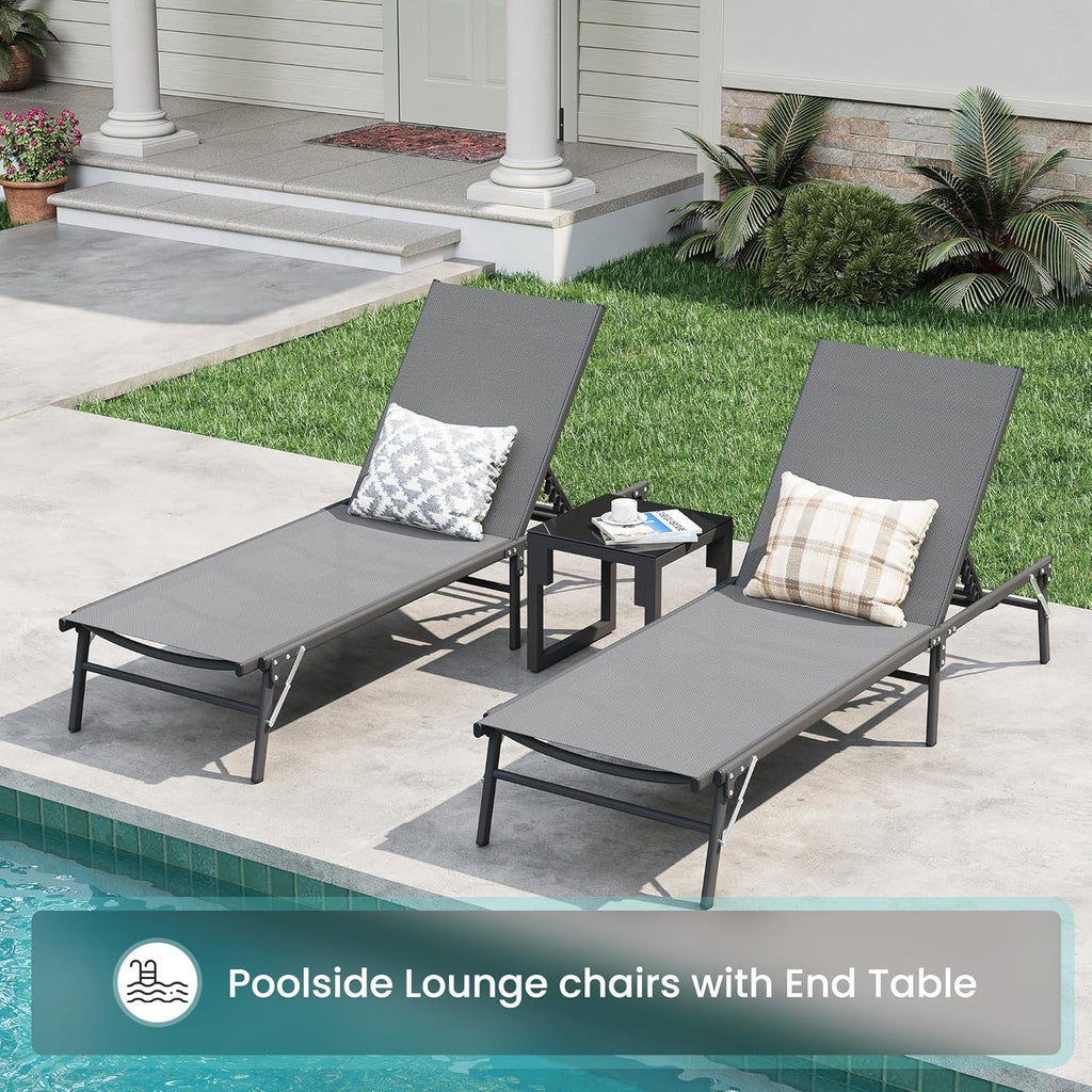 Amopatio Foldable Patio Lounge Chairs Outdoor Portable Pool Chaise Lounge Set of 2 with Side Table for Outside, Weather Resistant, 5-Position Adjustable Backrest, 400 LBS Capacity,Gray