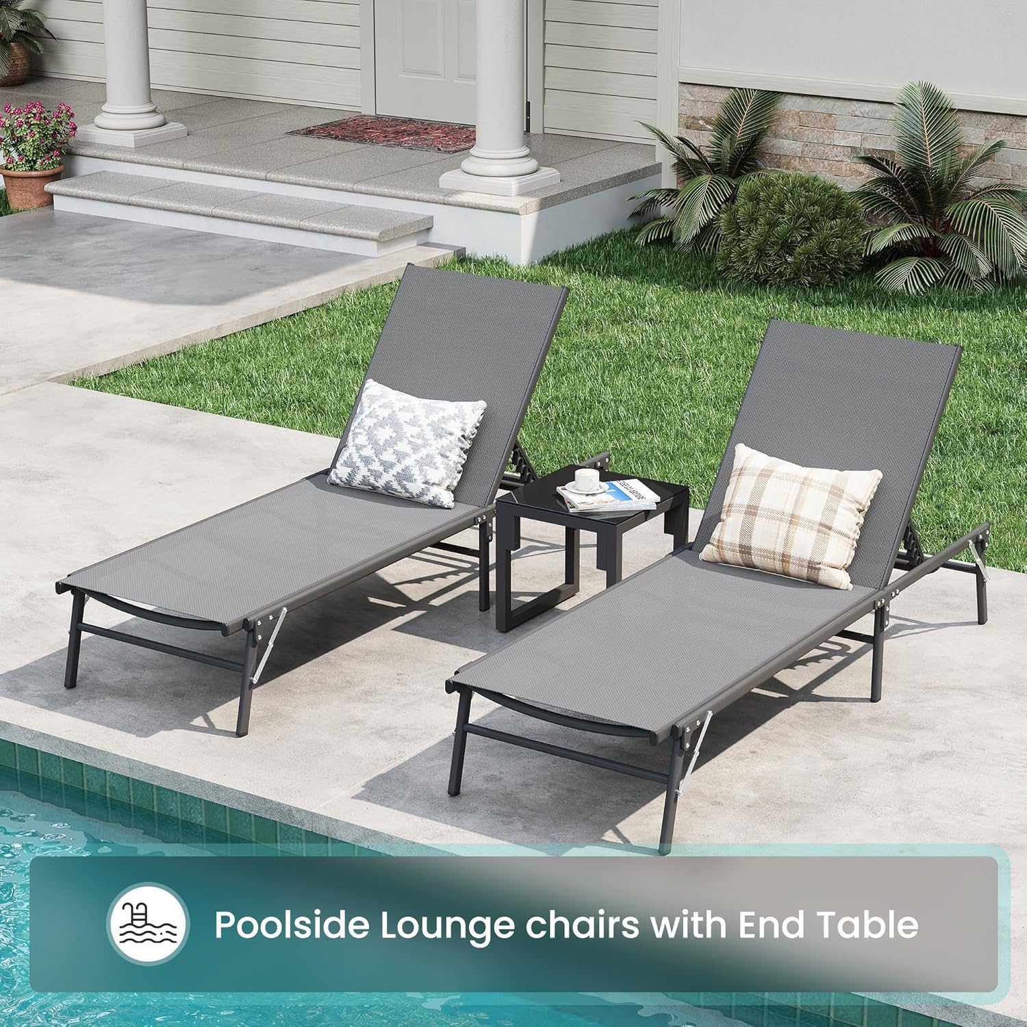 Amopatio Foldable Patio Lounge Chairs Outdoor Portable Pool Chaise Lounge Set of 2 with Side Table for Outside, Weather Resistant, 5-Position Adjustable Backrest, 400 LBS Capacity,Gray