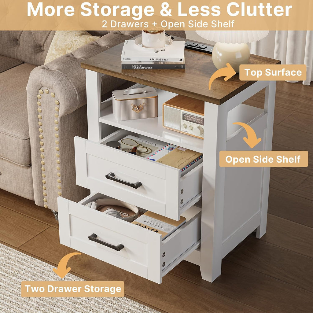 Decofy Farmhouse Nightstand with Charging Station, Modern End Tables with 2 Drawers & Open Shelf, Outlets, USB Ports & Type-C Ports, Wood Rustic Nightstands for Bedroom (2 Pack, Pure White + Walnut)
