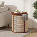 ø15.7'' Round Rattan Side Table End Table, Hollow Woven Nightstand with Lift-Off Lid Storage, Modern Framhouse Countryside Boho Circle Style for Living Room, Easy Assembly, Dark Brown