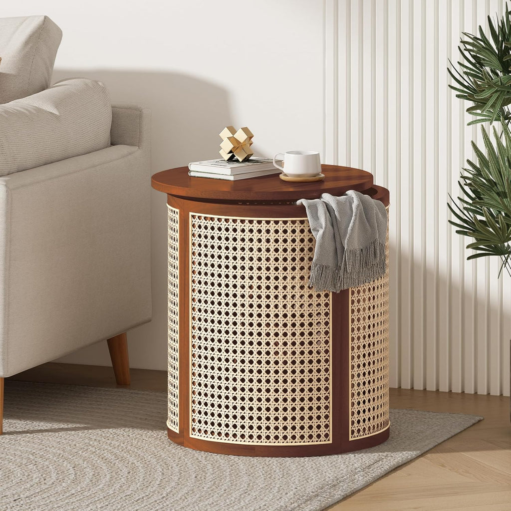 Round Side Table with Rattan Weave Panels, Dark Brown Rubber Solid Wood, 15.7" x 17.8", Boho Style
