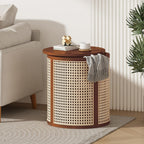 Round Side Table with Rattan Weave Panels, Dark Brown Rubber Solid Wood, 15.7" x 17.8", Boho Style