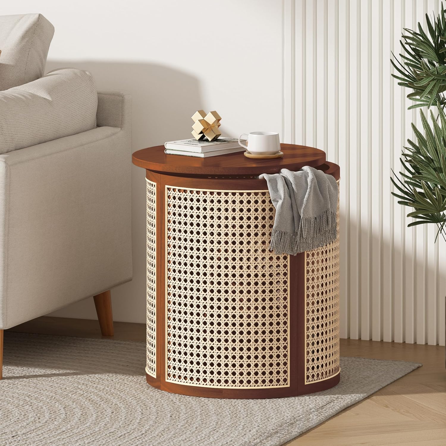 Round Side Table with Rattan Weave Panels, Dark Brown Rubber Solid Wood, 15.7" x 17.8", Boho Style