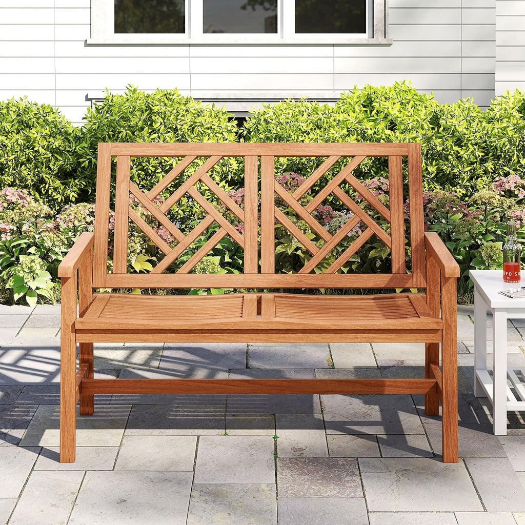 Tangkula Outdoor Wood Bench, 2-Person Patio Loveseat Chair with Geometric Backrest, Built-in Armrests & Slatted Seat, 660 lbs Weight Capacity, Garden Bench for Porch, Backyard & Poolside