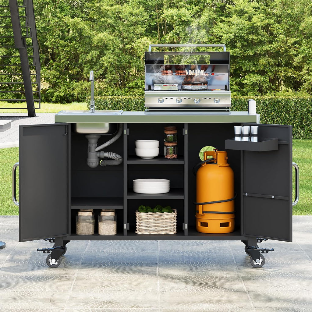 JIJIWANG 55.5" Outdoor Kitchen Island with Stainless Steel Sink, Outdoor Bar Cart Sink Station with 4 Lockable Wheel for Pizza Prep & BBQ Black
