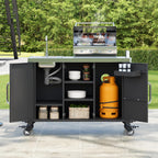 JIJIWANG 55.5" Outdoor Kitchen Island with Stainless Steel Sink, Outdoor Bar Cart Sink Station with 4 Lockable Wheel for Pizza Prep & BBQ Black
