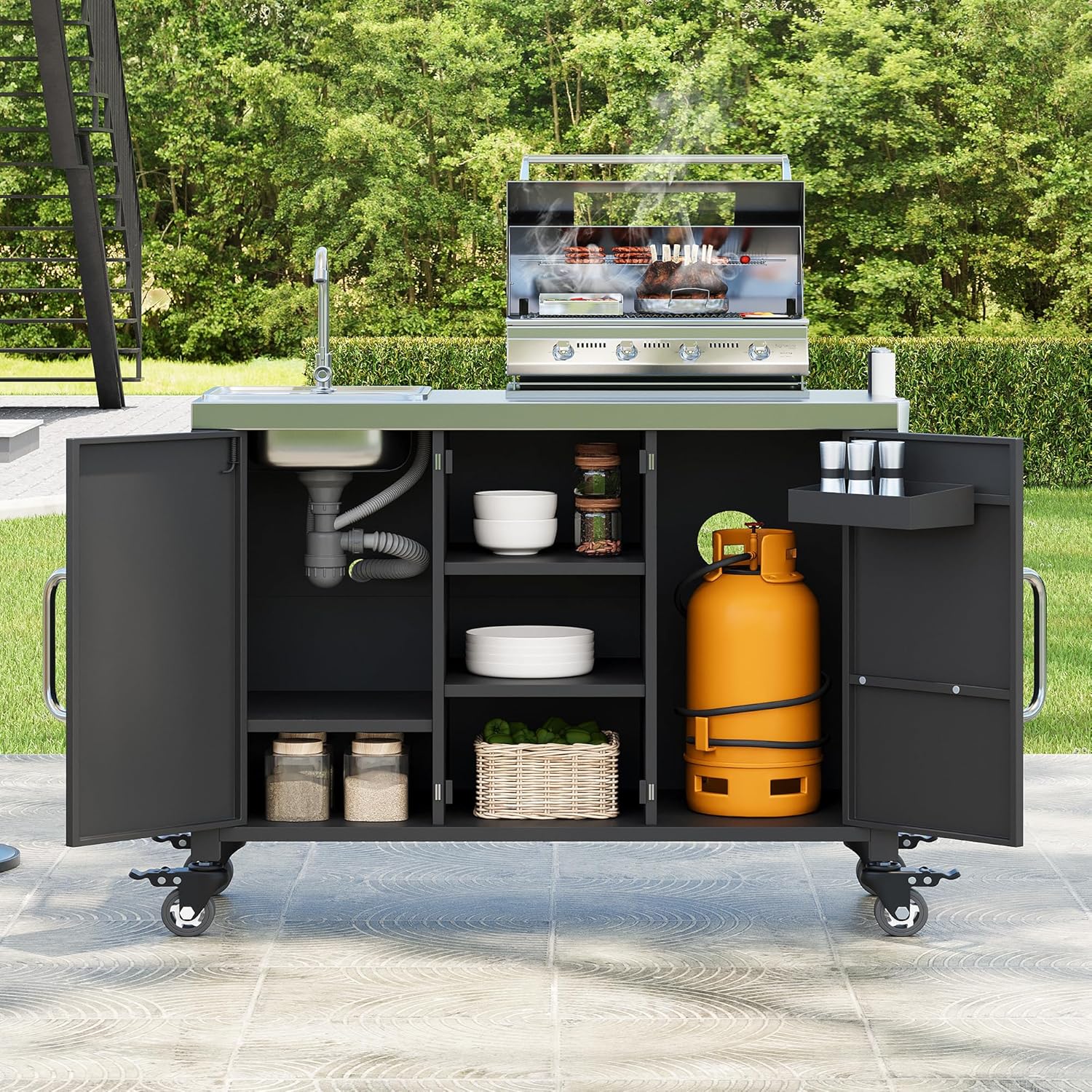 JIJIWANG 55.5" Outdoor Kitchen Island with Stainless Steel Sink, Outdoor Bar Cart Sink Station with 4 Lockable Wheel for Pizza Prep & BBQ Black