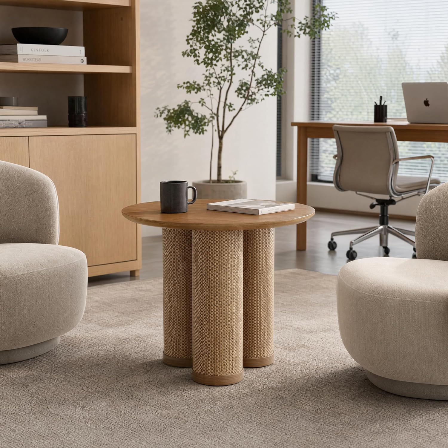 20" Round Walnut Wood End Table, Modern Side Table with 3 Textured Cylindrical Legs, Boho Rattan Accent Table for Living Room, Bedroom, Small Spaces, Light Walnut